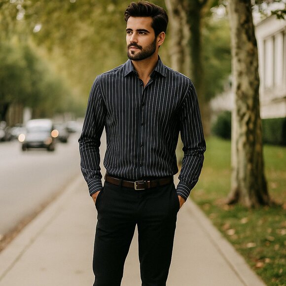 Black Brown 1826 Other - Black Brown 1826 Men M Black/Blue/White Stripe Long Sleeve Button Up Dress Shirt
